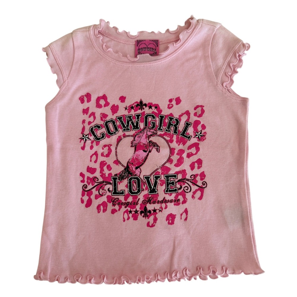 Cowgirl Hardware Girls Pink Horse Heart Graphic Tee Lettuce Trim Size 4